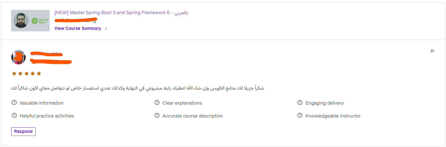 تقييم 5 نجوم من طالب في دورة Spring Boot بالعربية