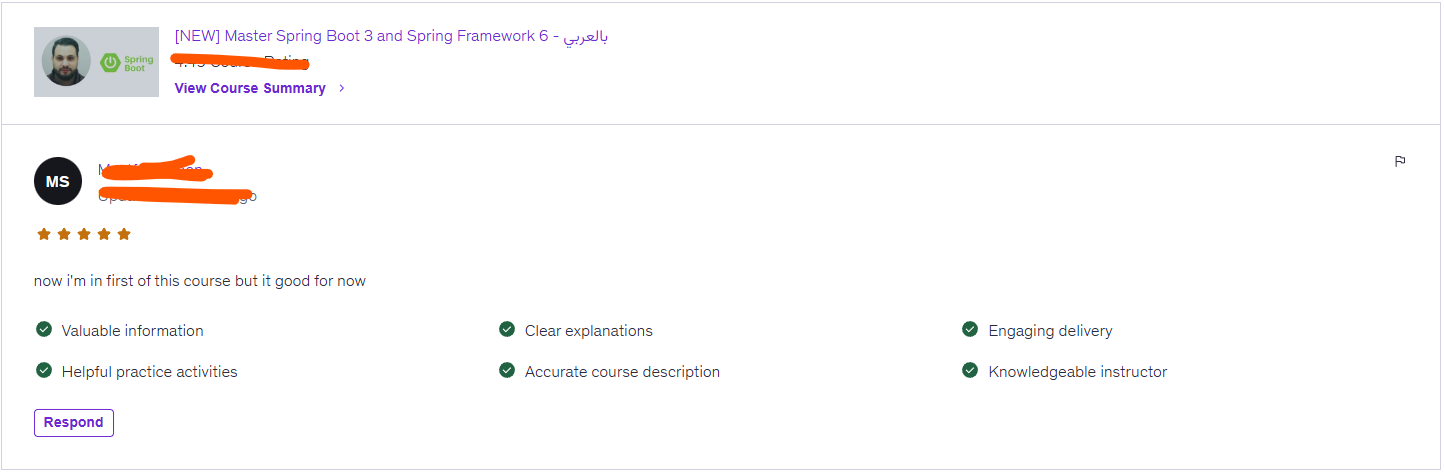 تقييم إيجابي لدورة Spring Boot و Spring Framework